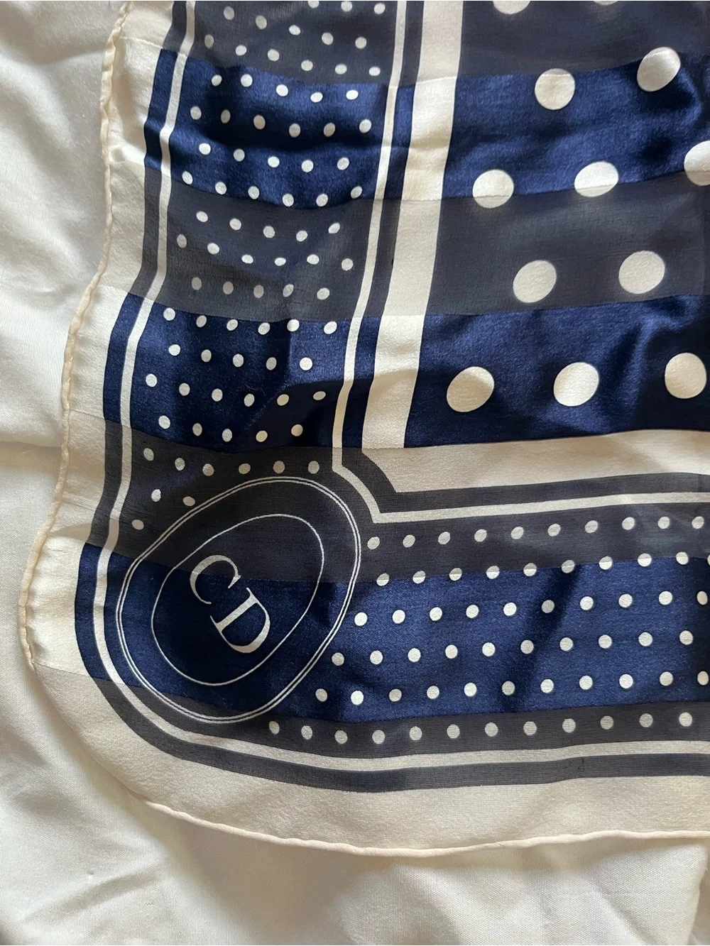 Dior Navy Blue and White Polka Dot Silk Scarf